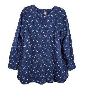 Duluth Trading Co Womens Button Up Novelty Bird Print Blouse Tunic Blue Plus 1X